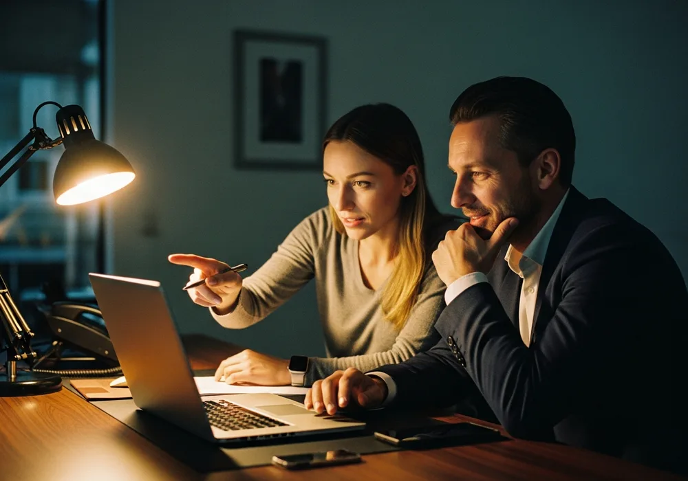 Zwei Kolleg:innen lösen am Abend gemeinsam ein Problem am Laptop — Arbeit am eigenen Betriebssystem